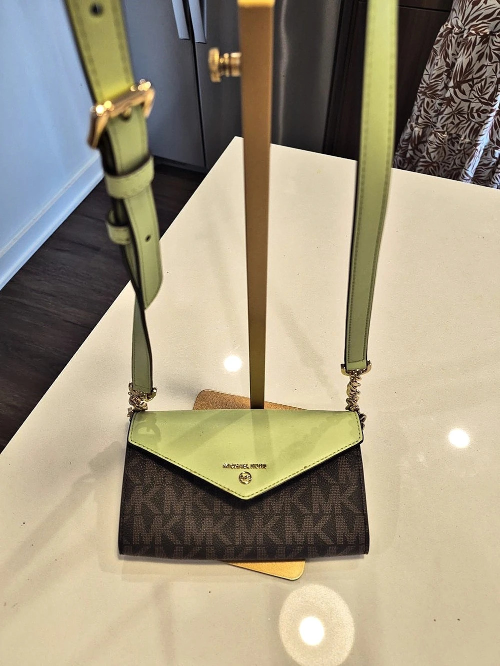 Michael Kors Jet Set Small Logo Envelope Crossbody Bag Green & Brown